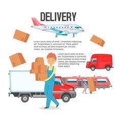 Fototapete - Delivery service background. Man holding boxes banner vector illustration. Delivering packages. Male character standing on background of different vehicles such as lorry.