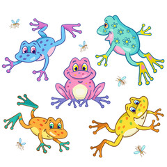 Poster - Round dance of funny colorful frogs in cartoon style. Isolated on white background.