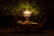 © Natalie Faye - Chandelier hangs from tree over dining table outdoors