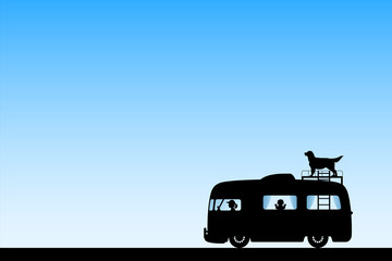 Sticker - Retro car on road. Illustration with silhouettes of people and dog traveling in camper. Family road trip. Blue pastel background.