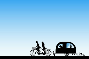 Sticker - Newlyweds on bike tandem on road. Illustration with silhouettes of people and dog traveling with camper trailer. Family road trip. Blue pastel background