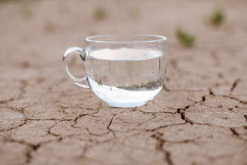 Concept of thirst, dehydration, lack of water. A cup of water on cracked dry ground.