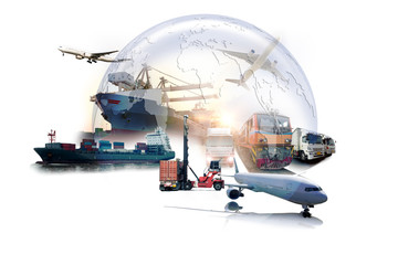 Global business of Container Cargo freight train for Business logistics concept, Air cargo trucking, Rail transportation and maritime shipping, Online goods orders worldwide