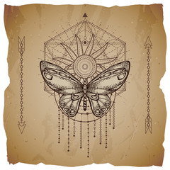 Vector illustration with hand drawn butterfly and Sacred geometric symbol on old paper background with torn edges. Abstract mystic sign.