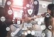 © InfiniteFlow - Cyber Security and Digital Data Protection Concept. Icon graphic interface showing secure firewall technology for online data access defense against hacker, virus and insecure information for privacy.