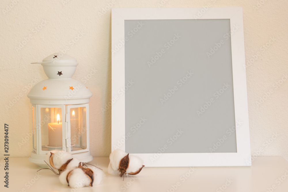 Layout of the frame in gray neutral color for design or inscription on a light background with a scroll and a cotton button.Mockup. - obrazy, fototapety, plakaty 