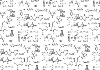 chemical formula and outlines on whiteboard. vector seamless pattern. scientific and education backg