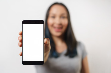 Close up hand holding black phone on white clipping path inside