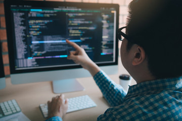 Wall Mural - software developer pointing to the computer screen and is analyzing the code.