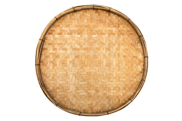 Canvas Print - Old weave bamboo wood tray isolated on white background. Bamboo basket handmade isolated