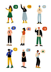 Canvas Print - People Chatting Online Using Smartphones Set, Young Men and Women and Chat Communication Bubbles, Internet Social Network Virtual Communication Vector Illustration