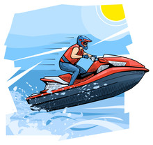 Vector Illustration Of A Man Riding Personal Watercraft. Beautiful Sport Themed Poster. Water Sports, Extreme Sports, Summer Vacation, Water Scooter