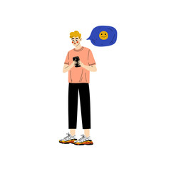 Canvas Print - Man in Casual Clothes Chatting Online Using Smartphone, Chat Communication Bubble, Internet Social Network Virtual Communication Vector Illustration