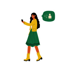 Wall Mural - Beautiful Brunette Girl Chatting Online on Her Smartphone with Chat Communication Bubble, Internet Social Network Virtual Communication Vector Illustration