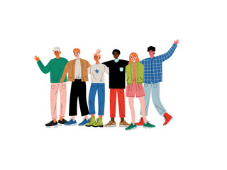 Poster - Group of People Hugging, Young Men and Women of Different Nationalities Standing Together Celebrating Event Vector Illustration