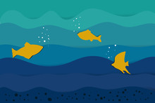  Paper Cut Yellow Fish On Blue Waves
