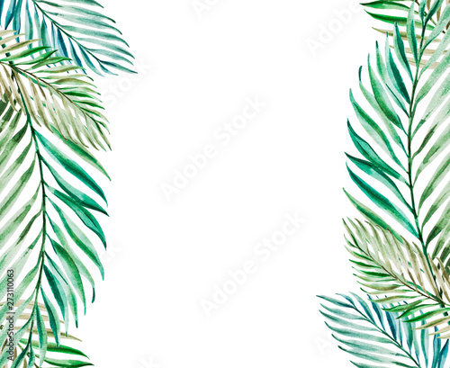 Beautiful tropical leaves frame. Palm. Watercolor painting. Exotic plant. Nat...