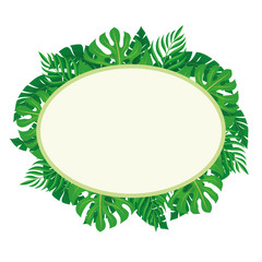 Oval label with tropical leaves on a white background.