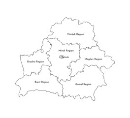 Naklejka na meble Vector isolated illustration of simplified administrative map of Belarus. Borders and names of the regions. Black line silhouettes