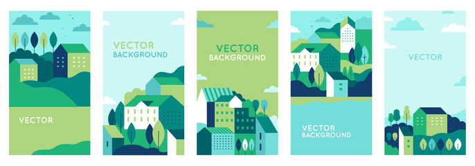Poster - Vector set of social media stories design templates, backgrounds with copy space for text - urban landscapes with buildings 