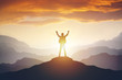 Man standing on edge of mountain feeling victorious with arms up in the air.