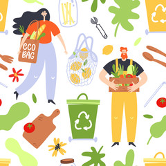 Zero waste lifestyle concept. Seamless pattern with people and zero waste elements. Vector illustration.