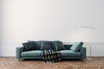 3d beautiful interior with couch and floor lamp