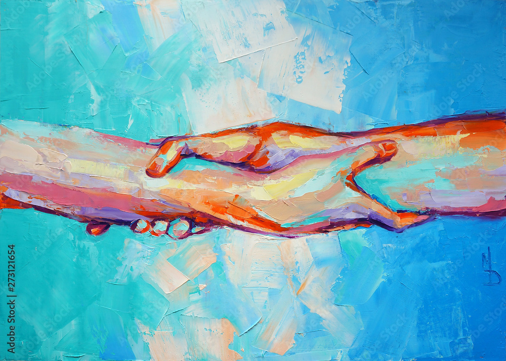 “Hands” - oil painting. Conceptual abstract hand painting. The picture depicts a metaphor for teamwork. Conceptual abstract closeup of an oil painting and palette knife on canvas. - obrazy, fototapety, plakaty 