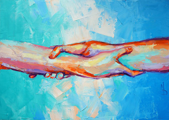 “hands” - oil painting. conceptual abstract hand painting. the picture depicts a metaphor for teamwo