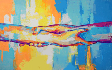 Wall Mural - “Hands” - oil painting. Conceptual abstract hand painting. The picture depicts a metaphor for teamwork. Conceptual abstract closeup of an oil painting and palette knife on canvas.