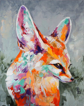 Oil fox portrait painting in multicolored tones. Conceptual abstract painting of a fennec muzzle. Closeup of a painting by oil and palette knife on canvas.