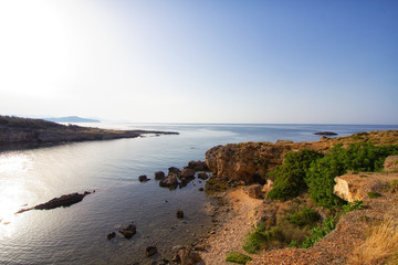 coast of Crete, Greece with beautiful rocky and sandy beaches. travel background