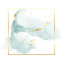 Brush Grey Blue Strokes In Gentle Tones And Gold Foil Rectangle Frame On A White Background. Vector Watercolor Art