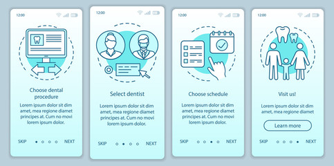Dental clinic appointment onboarding mobile app page screen with linear concepts