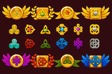 Vector Awards With Celtic Symbols. Template Receiving Game Achievement. For Game, User Interface, Banner, Application, Interface, Slots, Game Development. Icons On Separate Layers.