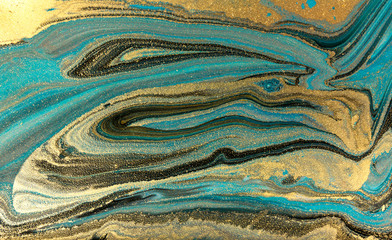 Wall Mural - Blue marbling pattern. Golden marble liquid texture.