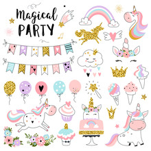 Unicorn Magic Party Elements For Greeting, Birthday, Invitation, Baby Shower Card. Set Of Rainbow, Sweets, Crown, Balloons, Flags, Cupcakes And Other. Vector Illustration.