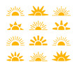 Sunrise & sunset symbol collection. Horizon flat vector icons. Morning sunlight signs. Isolated object. Yellow sun rise over horison.