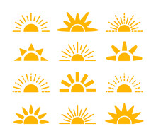 Sunrise & Sunset Symbol Collection. Horizon Flat Vector Icons. Morning Sunlight Signs. Isolated Object. Yellow Sun Rise Over Horison.