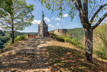 Ardennes Hill With Memorial Statue Near Village Esch-sur-Sure In Luxembourg