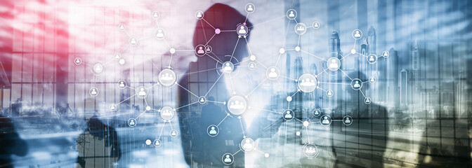 HR human resources management concept corporate organisation structure mixed media double exposure virtual screen.