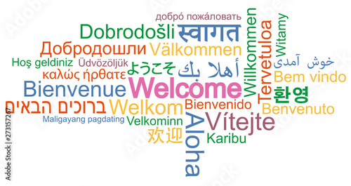 WELCOME word cloud in many different languages vector illustration ...