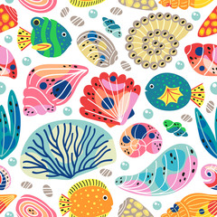 Wall Mural - white seamless pattern with underwater sea life - vector illustration, eps