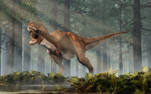 A Brown And White Tyrannosaurus Rex Roars At You. This Dangerous Carnivorous Dinosaur Of The Cretaceous Period Looks Angry.  In A Sunlit Forest. 3D Rendering
