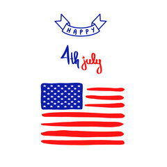 Fourth of July banner. Happy 4th July holiday USA Independence Day greeting card vector. Patriotic hand lettering text design with american national flag illustration in blue, red colors.