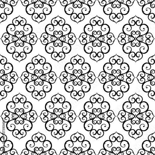 Ornament of curls, fantasy hearts.Seamless pattern. Vector background.