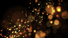 Gold Particles Glisten In The Air, Gold Sparkles In A Viscous Fluid Have The Effect Of Advection With Depth Of Field And Bokeh. 3d Render. Cloud Of Particles. 118