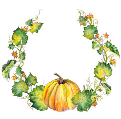 Wall Mural - Autumn wreath with pumpkin, branches, leaves and flowers. Watercolor illustration. Isolated on white background.