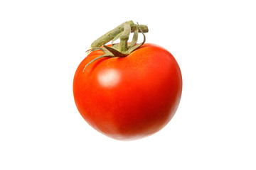 Front view on one ripe tomato with green tail