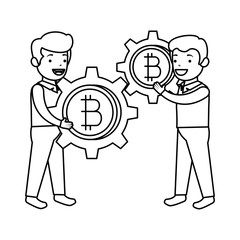 Sticker - businessmen lifting bitcoin icon vector illustrator